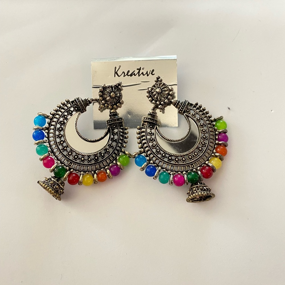 🆕 Silver Multi color beads with Mirror Chandbali